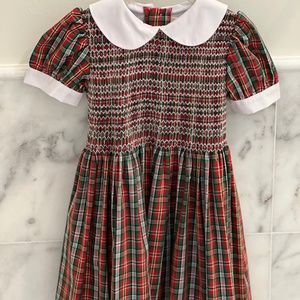The Beaufort Bonnet Smocked Holiday Dress,Capped Sleeves,White Trim Size 6